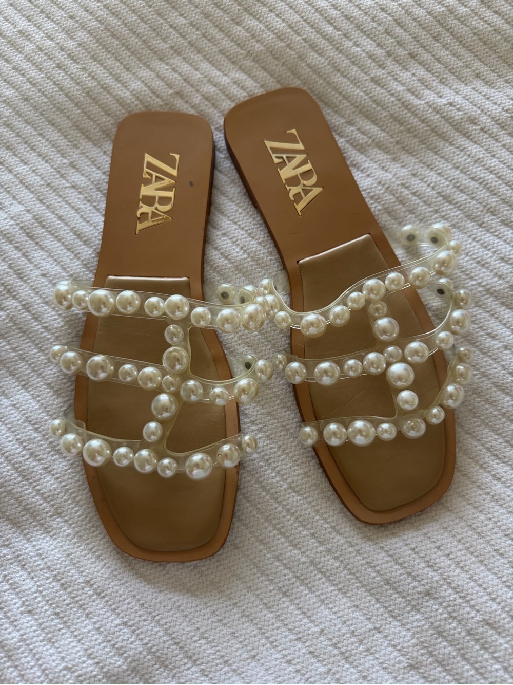 Zara Tan Slide Sandals with Pearl-Strap Detail